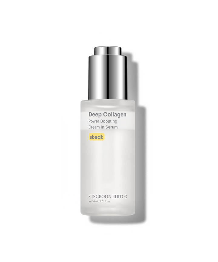 Skincare serum bottle labeled 'Deep Collagen Power Boosting Cream In Serum' on a white background