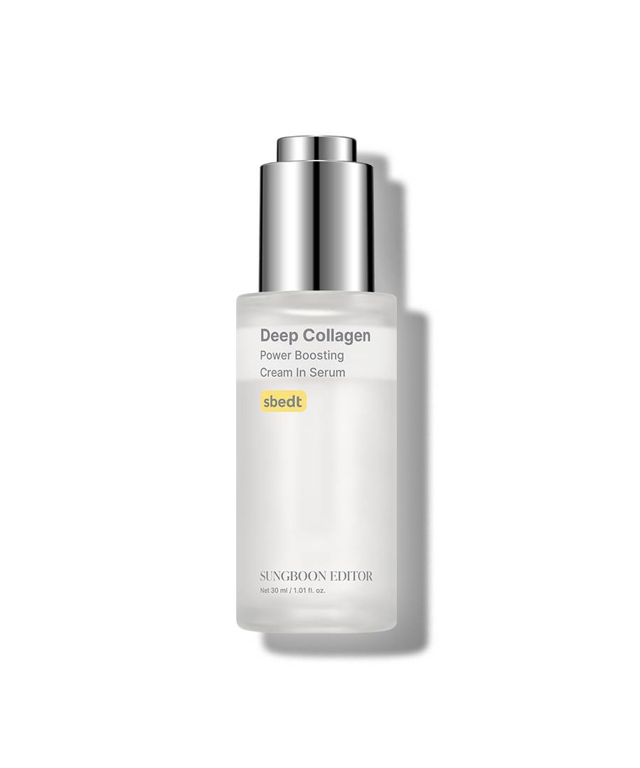 Skincare serum bottle labeled 'Deep Collagen Power Boosting Cream In Serum' on a white background