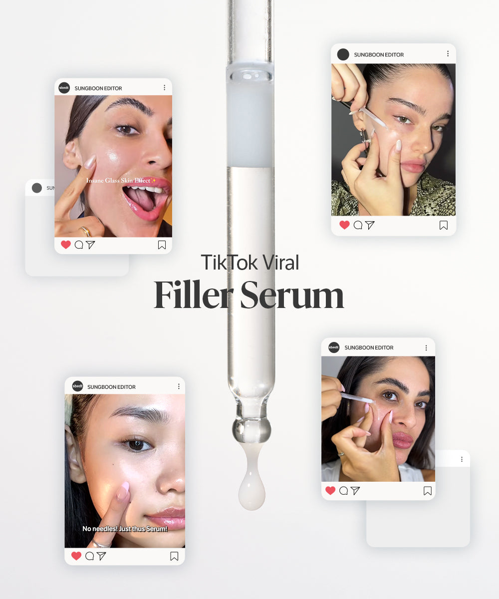 TikTok viral filler serum with user-generated content on a white background