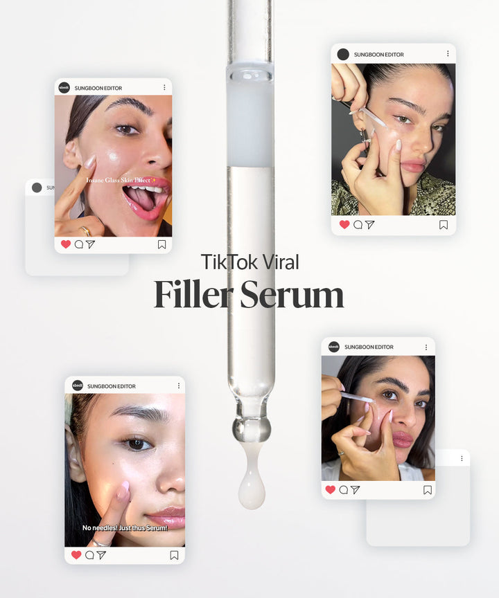 TikTok viral filler serum with user-generated content on a white background