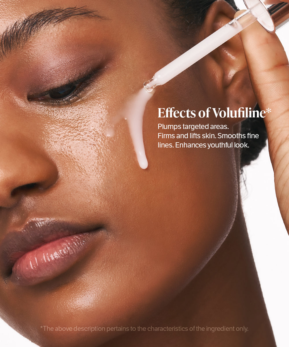 Close-up of a woman's face with Volufiline sungboon editor collagen serum​ being applied, highlighting its effects.