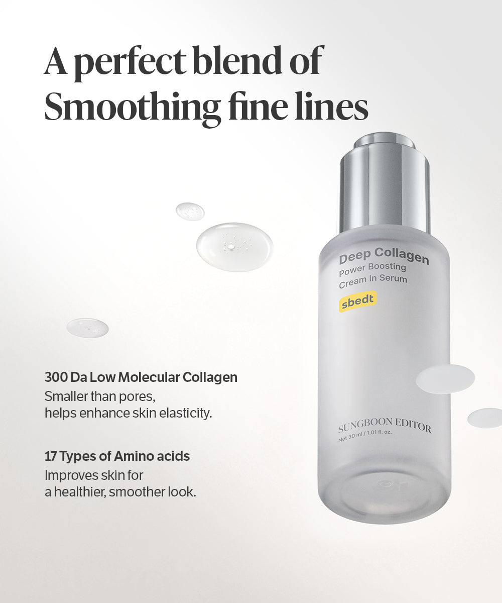 Sungroom Editor Deep Collagen serum bottle with text about its benefits on a white background