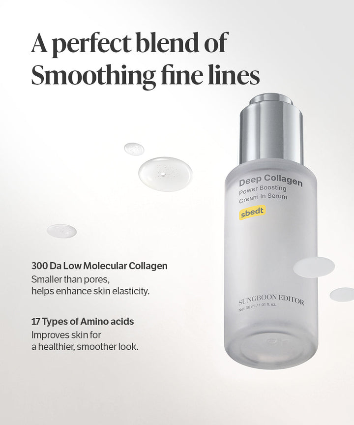 Sungroom Editor Deep Collagen serum bottle with text about its benefits on a white background