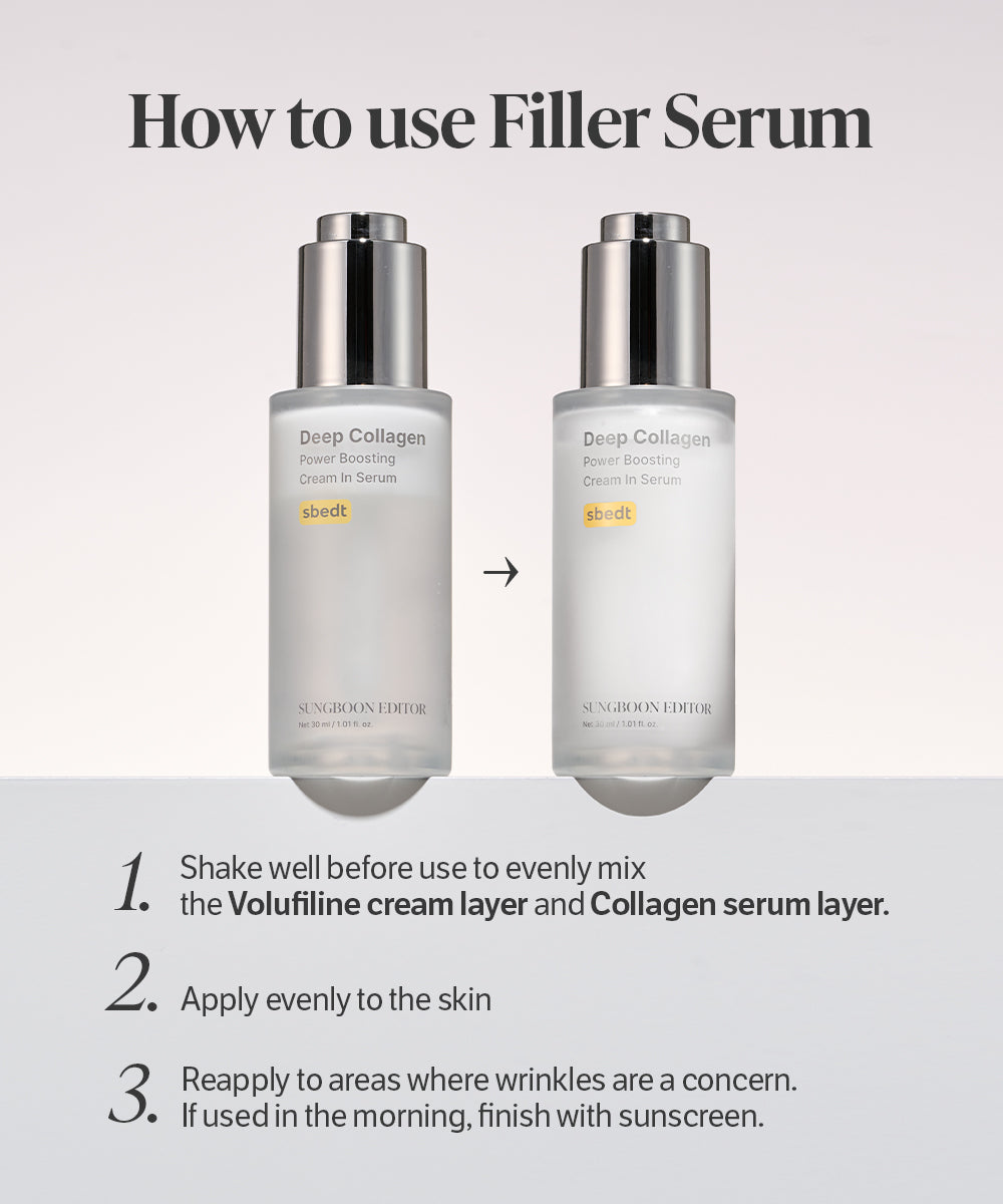 Two bottles of 'sungboon editor collagen serum​' serum with usage instructions on a light gray background.