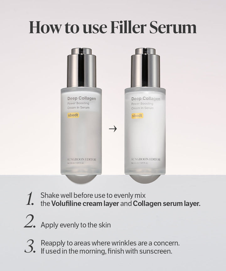 Two bottles of 'sungboon editor collagen serum​' serum with usage instructions on a light gray background.