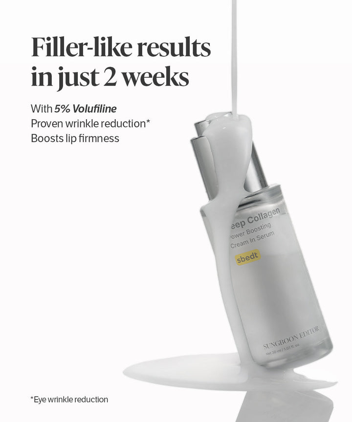 sungboon editor collagen serum​ bottle with text about filler-like results and Voluliline on a white background