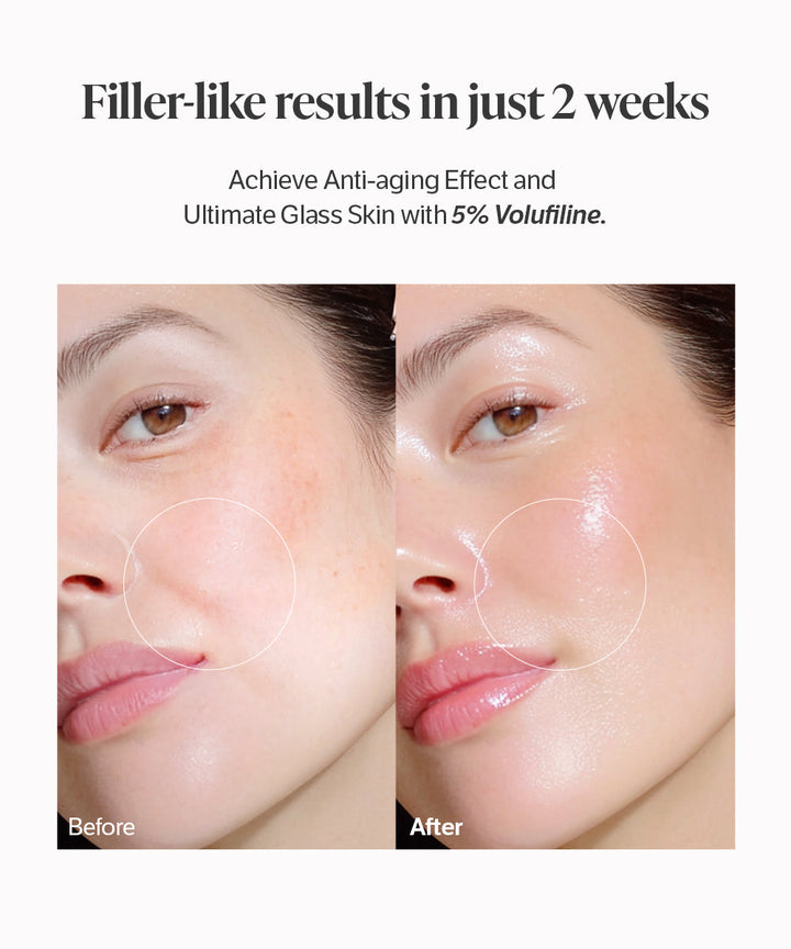 Before and after comparison of facial skin with text about filler-like results and anti-aging effects on sungboon editor collagen serum​
