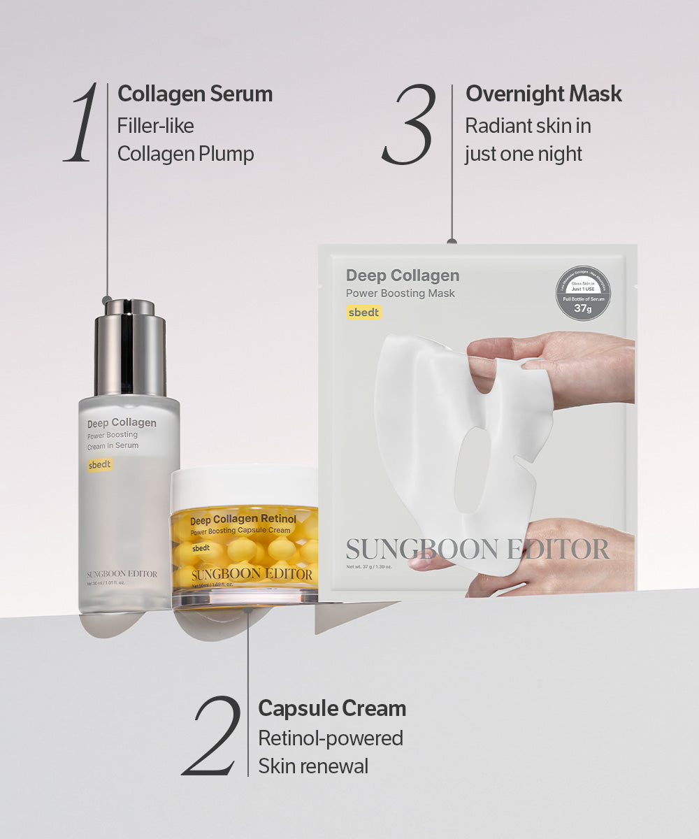 Sungboon skincare products including collagen serum, capsule cream, and overnight mask on a white background.
