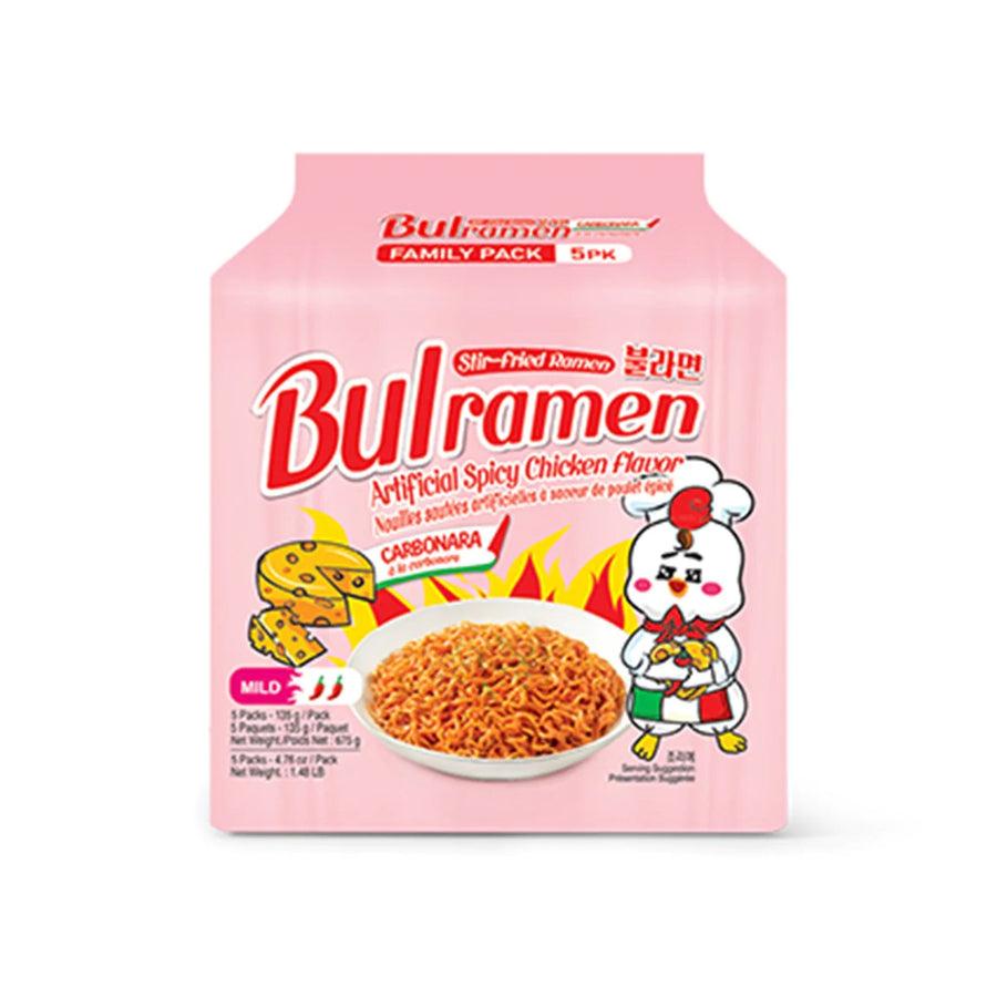 BULRAMEN Stir-Fried Ramen Spicy Chicken Flavor Mild Carbonara Family Pack (5 Packs*135g)